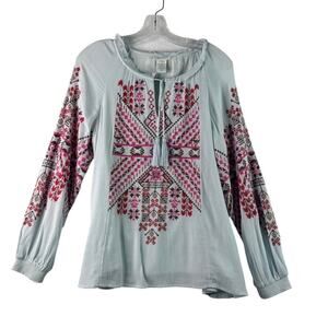 Sundance Pave the Way Embroidered Blouse Light Blue Boho Peasant Tunic Womens XS